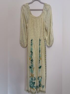 LOFT Pale Yellow Floral Maxi Dress with Teal & Green Accents